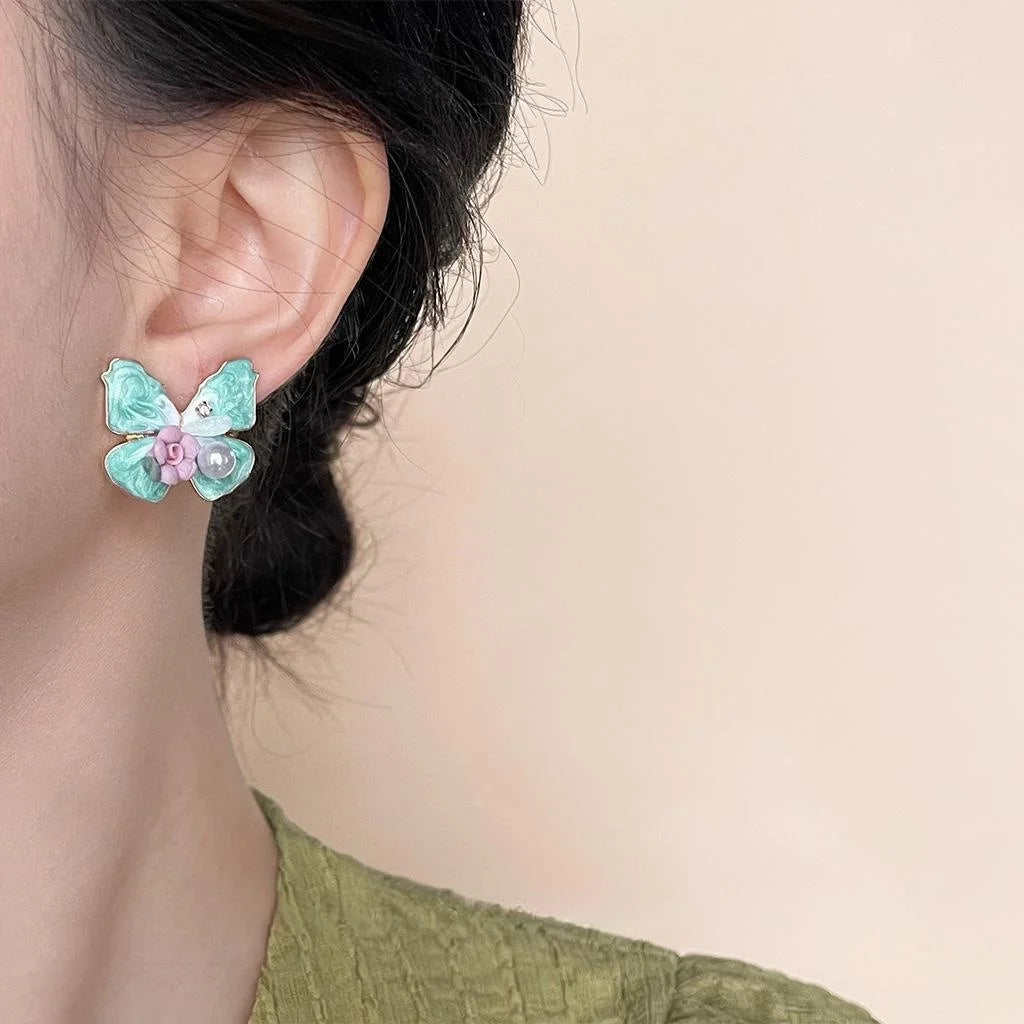 French Romantic Enamel Butterfly Stud Earrings Resin Ceramic Pearl Sweet Oil Painting Statement Jewelry