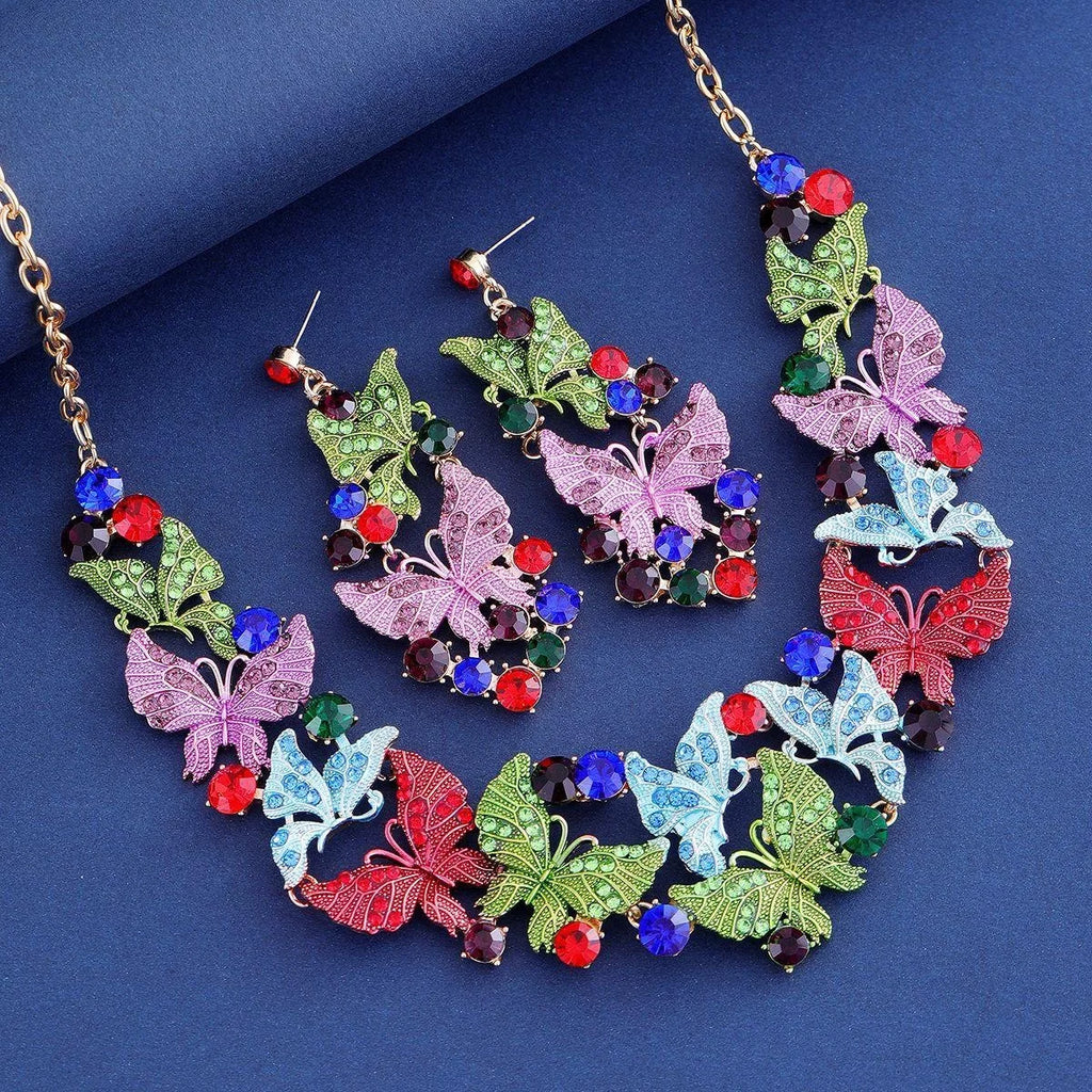 Luxury Rhinestone Butterfly Earrings And Necklace Jewelry Set For Women, Alloy Crystal Bridal Banquet Party Jewelry