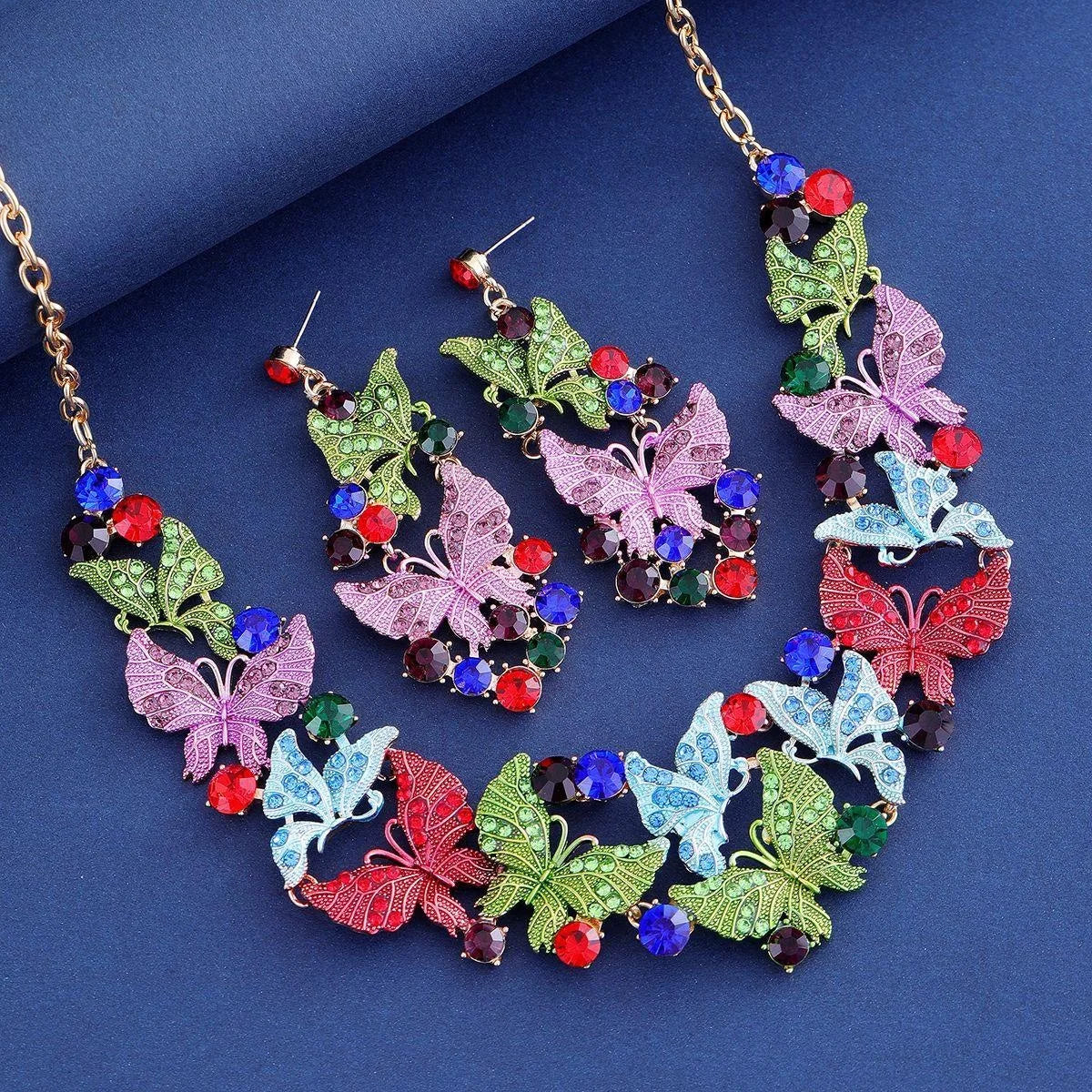 Luxury Rhinestone Butterfly Earrings And Necklace Jewelry Set For Women, Alloy Crystal Bridal Banquet Party Jewelry