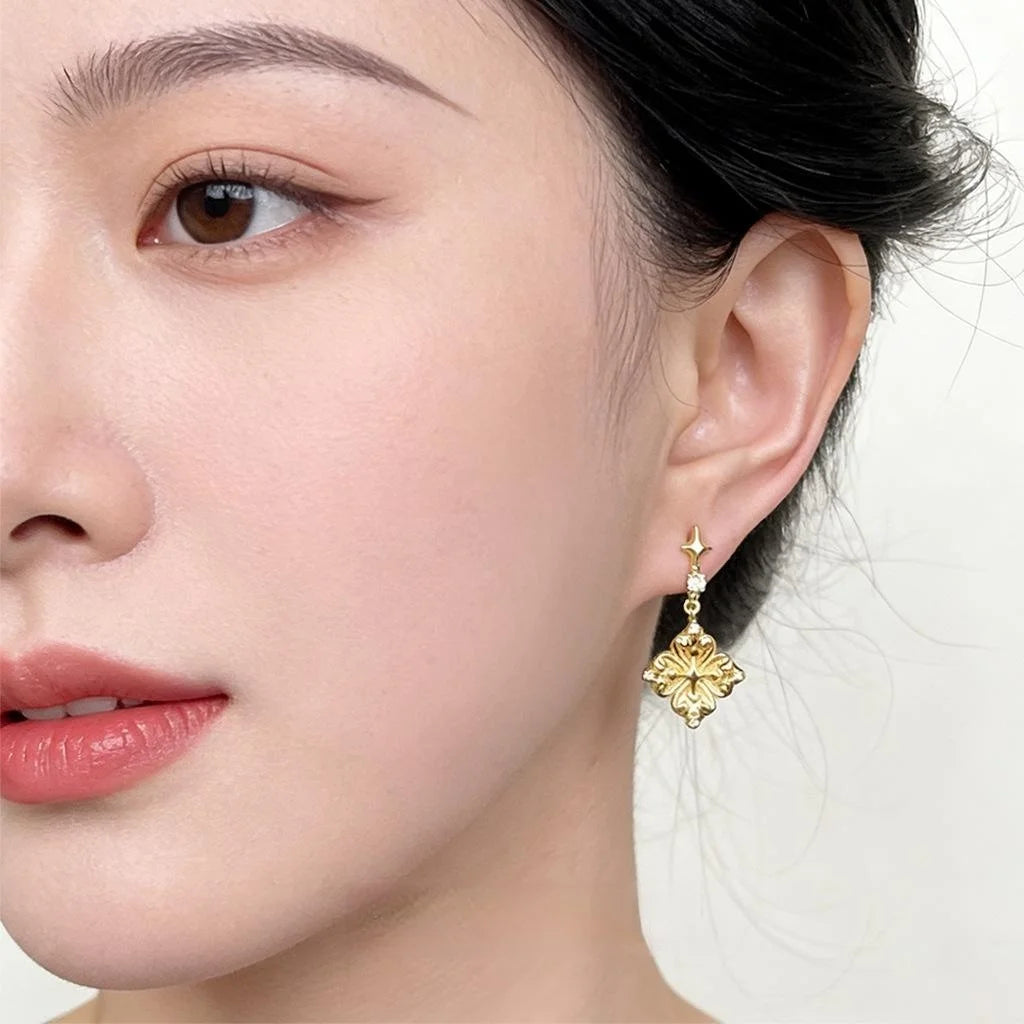 Premium Eco Copper Iris Flower Star Zircon Micro Pave Drop Earrings