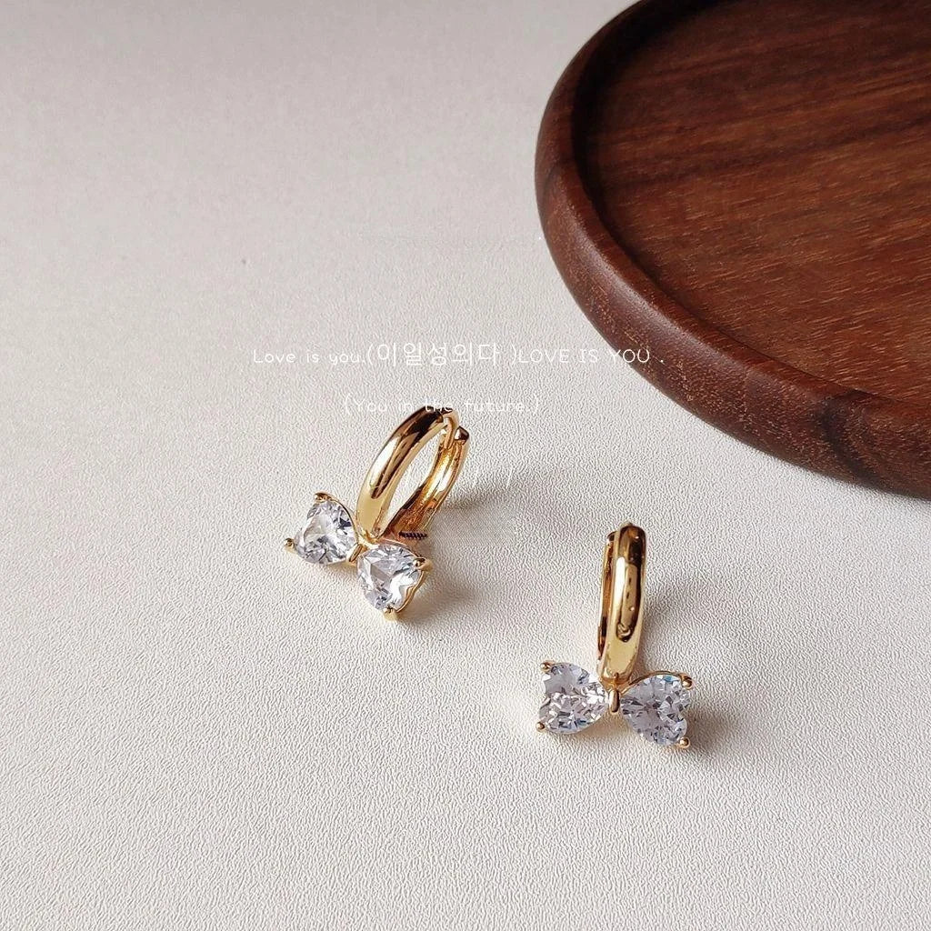 French Elegant 14K Gold Plated Copper Zircon Bow Drop Earrings For Women