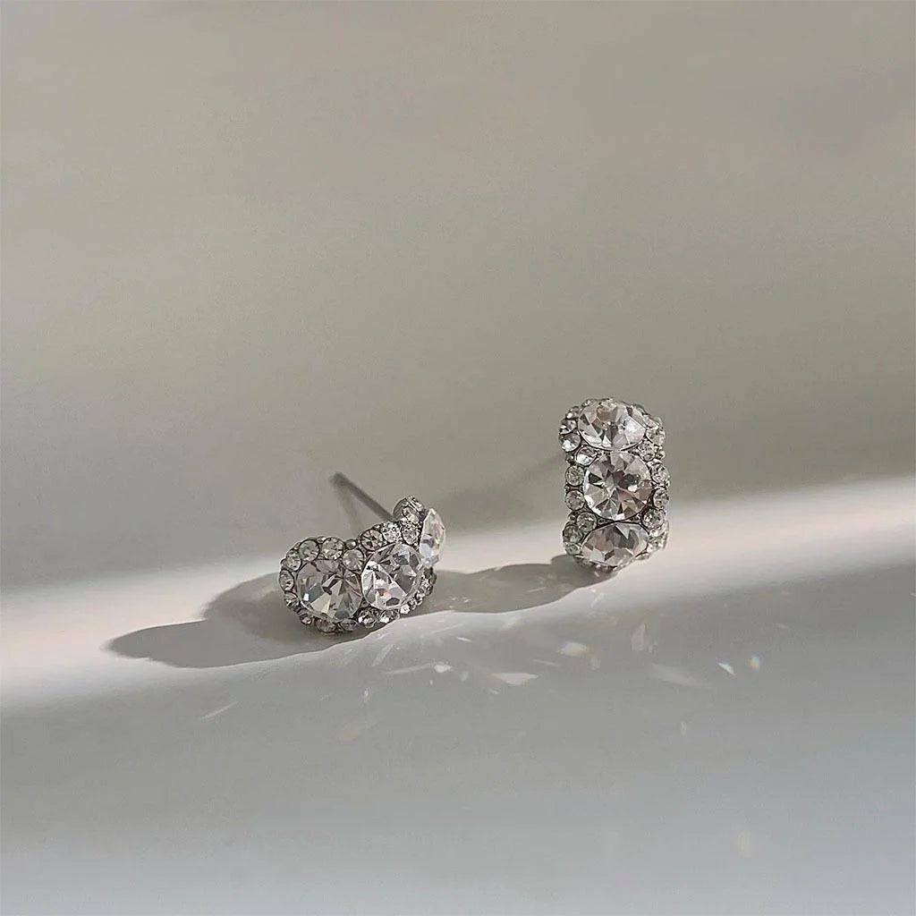 Sparkly Rhinestone U-Shaped Copper Drop Earrings, Silver-Plated Minimalist Commuter Jewelry