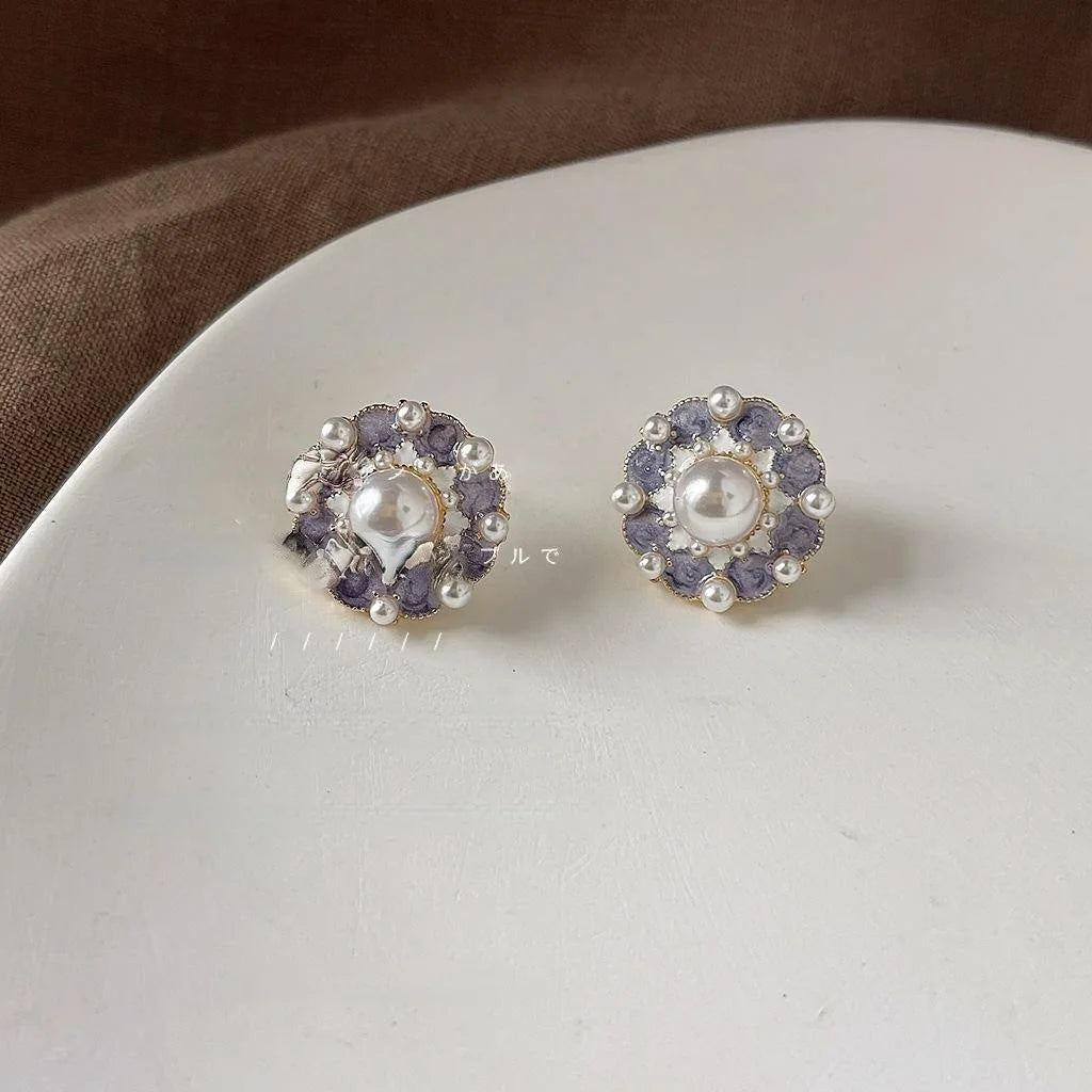 Premium Copper Purple Enamel Round Stud Earrings With 14K Plated Minimalist Style