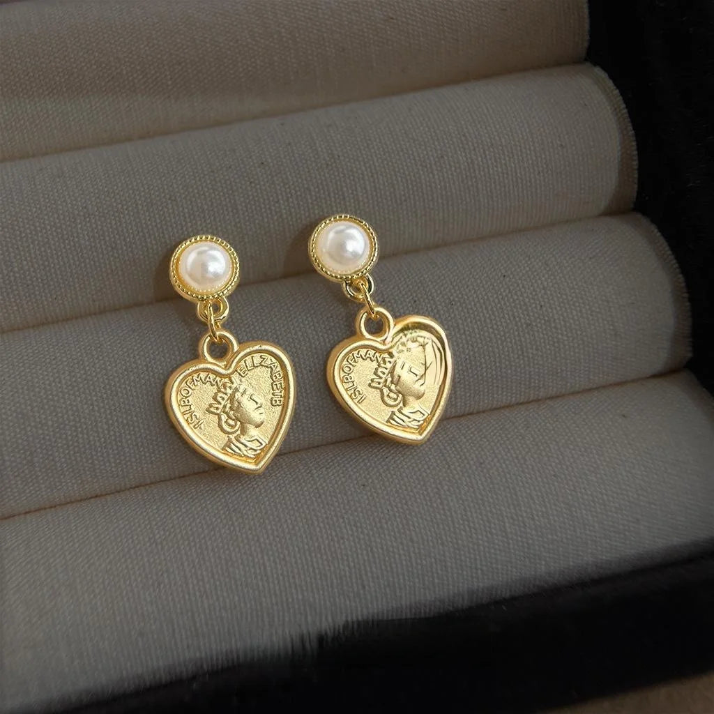 Vintage Matte Alloy Heart Coin Portrait Stud Earrings With Silver Plated Pins