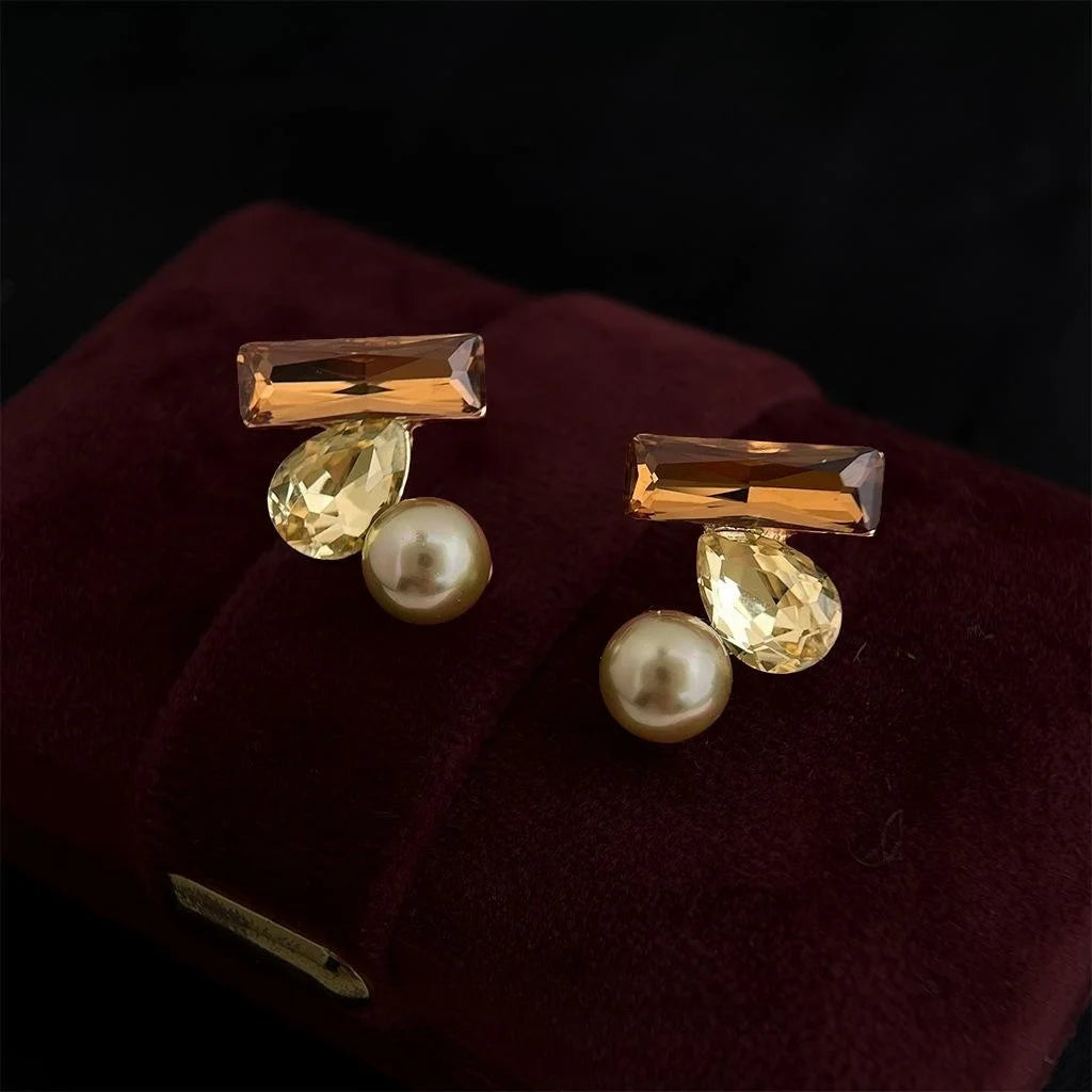 Vintage Style Geometric Glass Crystal Stud Earrings Copper Round Fashion Jewelry
