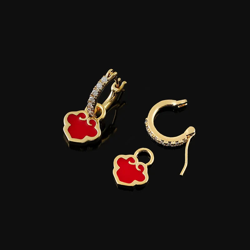 Elegant Red Enamel Cloud Lock Rhinestone Hoop Stud & Clip On No Piercing Chinese Style Earrings