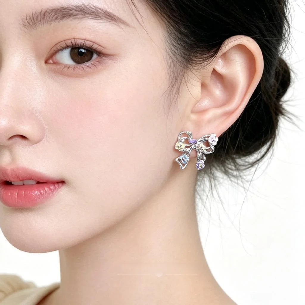 Sweet Fresh Bow Stud Earrings Copper Zircon Hollow Flower Enamel Painted Cute Jewelry