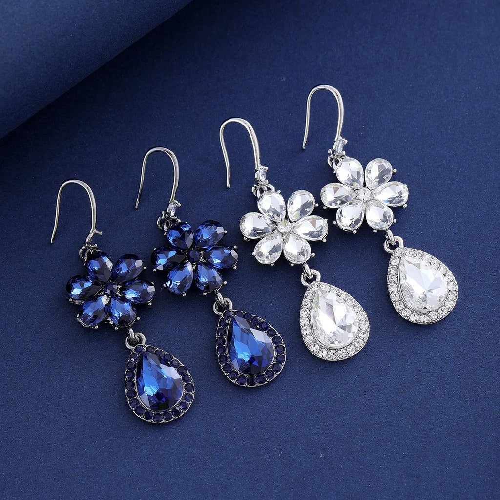 Luxury Rose Gold Alloy Crystal Flower Teardrop Dangle Earrings With Rhinestones For Wedding Party