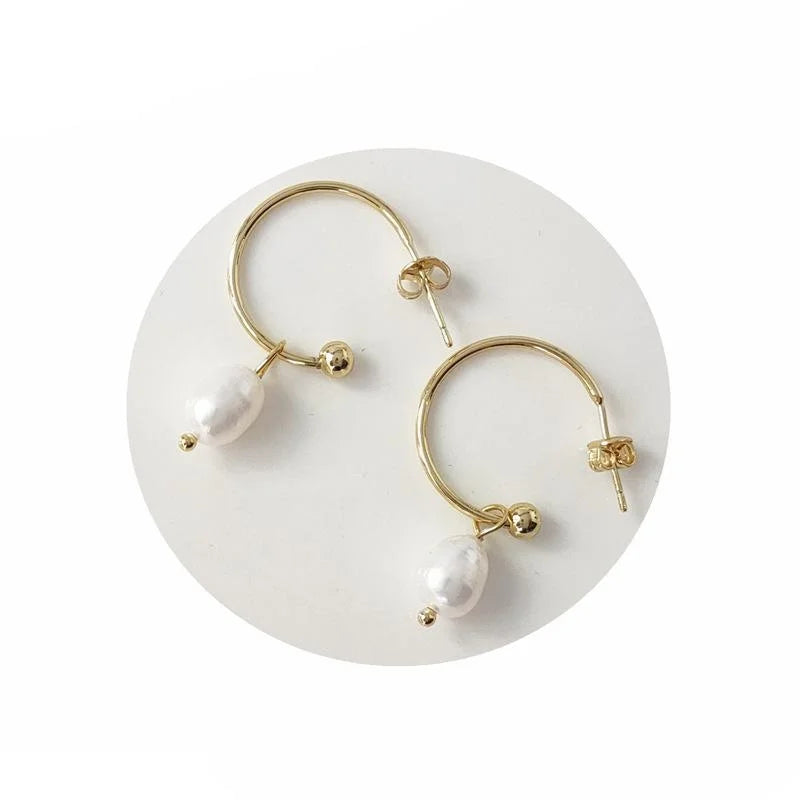 14K Gold Plated C Shape Freshwater Pearl Hoop Earrings Korean Versatile Style
