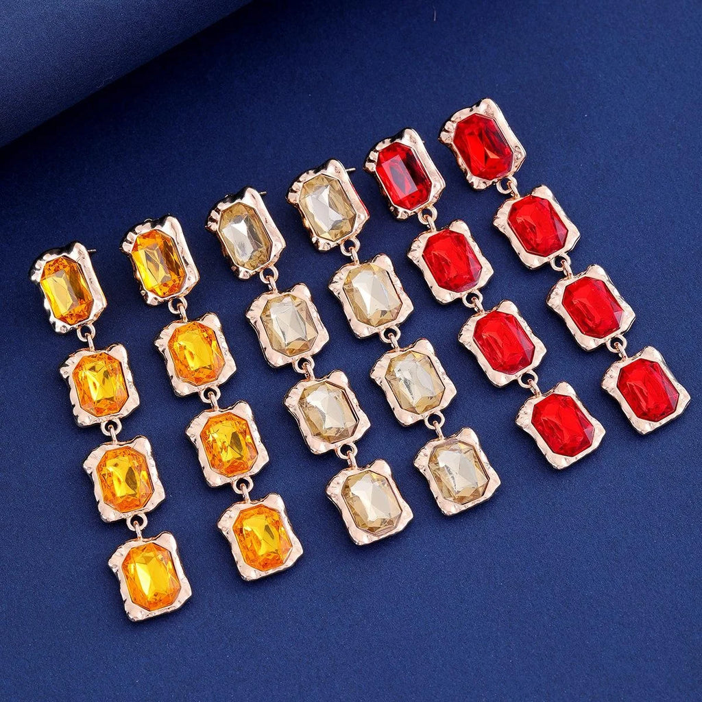 Elegant Four-Tier Rectangular Crystal Drop Earrings, Gold Alloy Rhinestone Dangle Jewelry For Wedding Party Gift