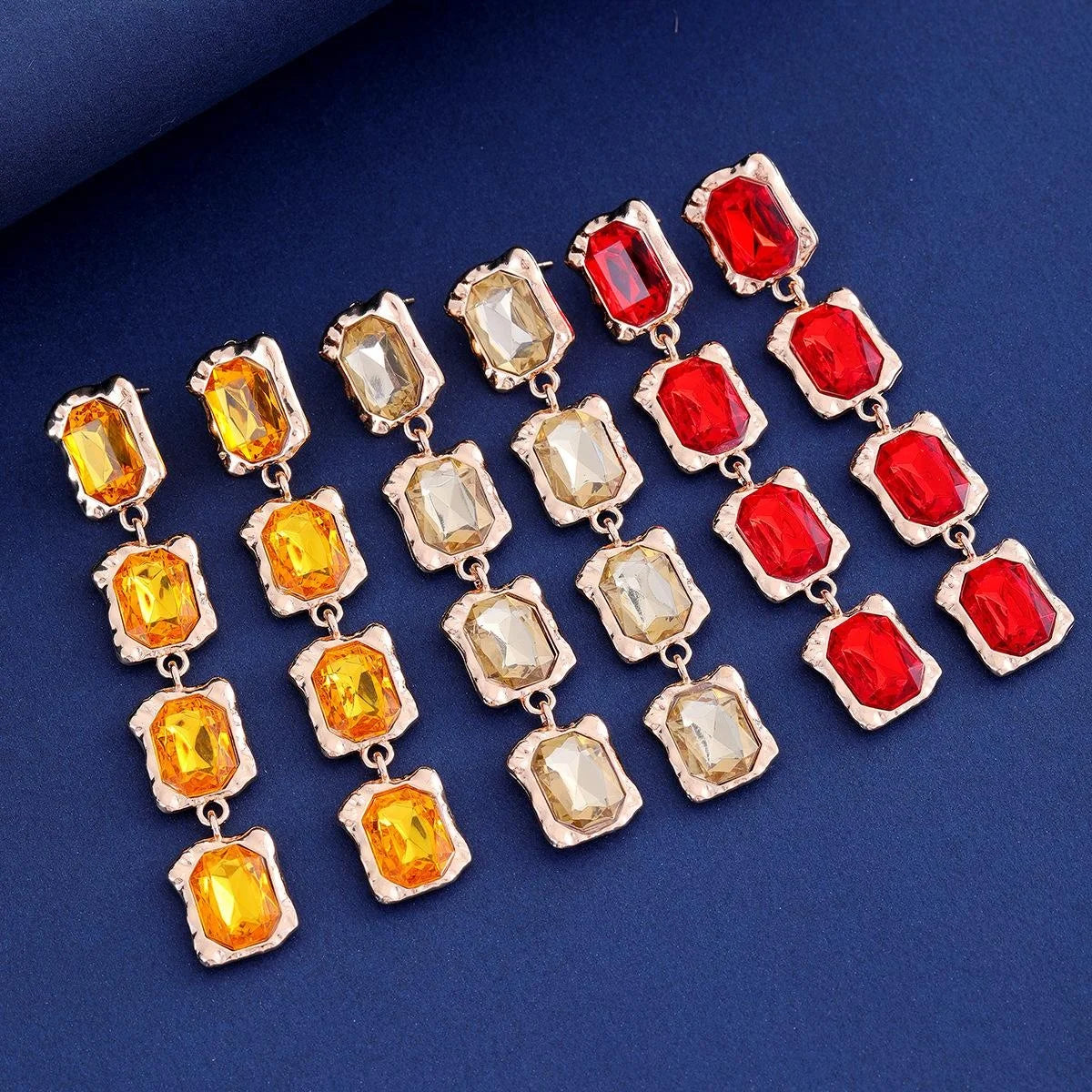 Elegant Four-Tier Rectangular Crystal Drop Earrings, Gold Alloy Rhinestone Dangle Jewelry For Wedding Party Gift