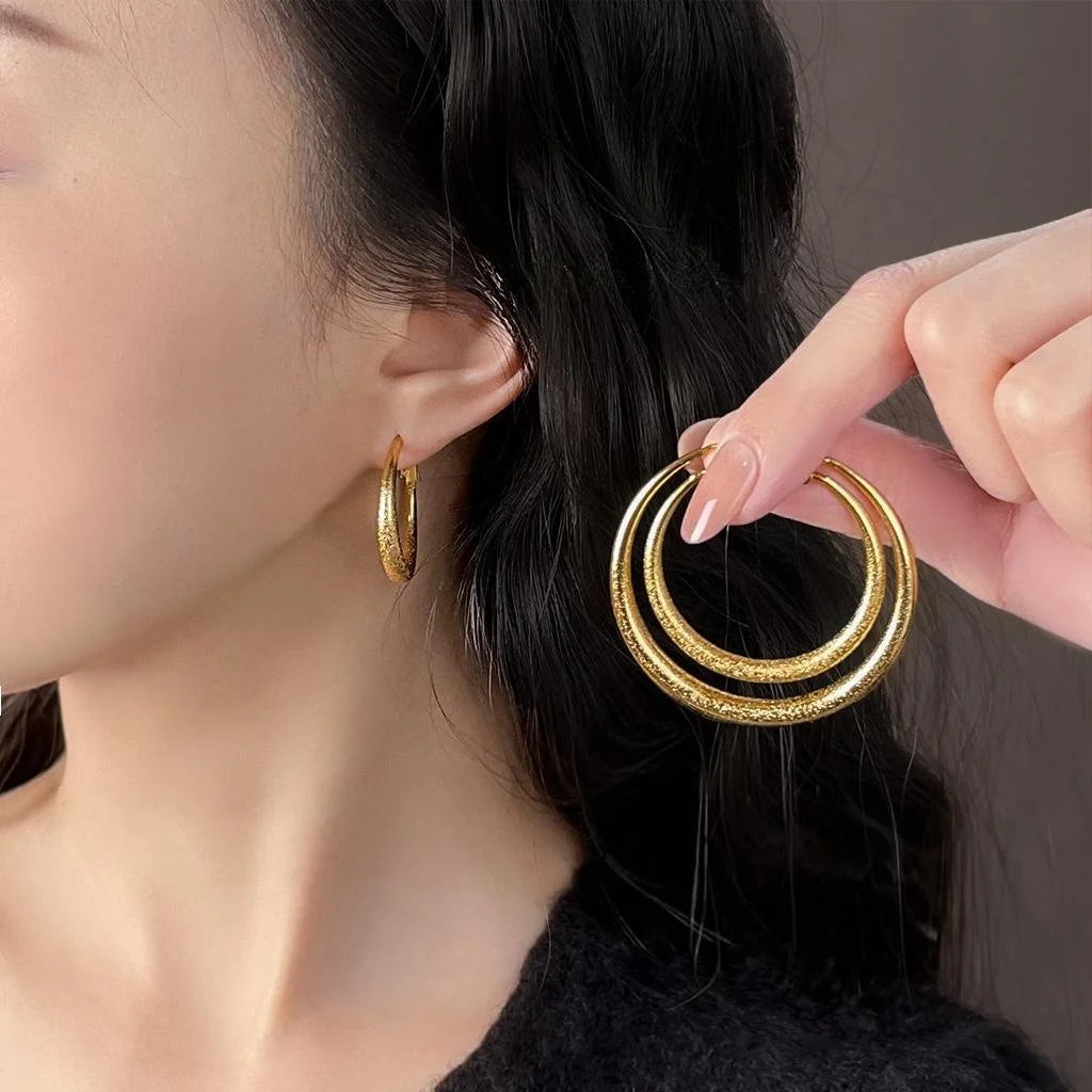 French Hong Kong Style Matte Copper Hoop Earrings Minimalist Geometric Light Luxury Jewelry
