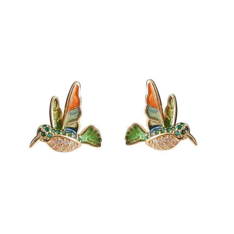 14K Gold Plated Copper Hummingbird Stud Earrings Colorful Enamel Micro Pave Zircon New Chinese Jewelry
