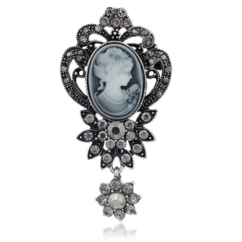 Vintage Beauty Cameo Portrait Alloy Rhinestone Hollow Brooch, Elegant Women's Lapel Pin Suit Accessory