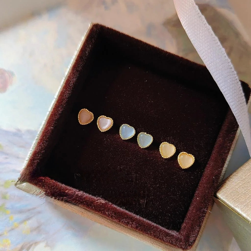 Silver Plated Copper Mini Heart Glass Cat Eye Stone Stud Earrings Korean Fresh Style