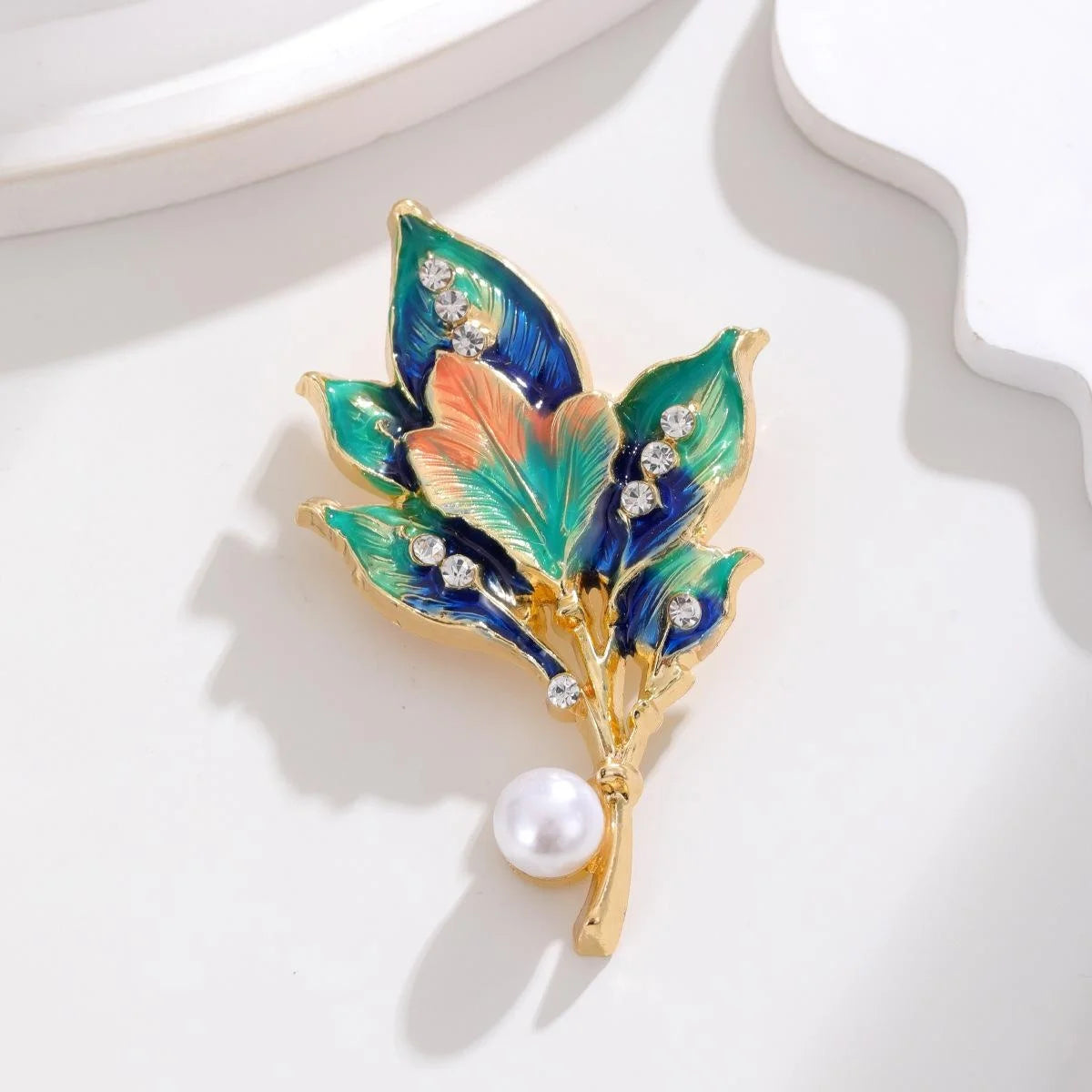 Elegant Enamel Leaf Flower Brooch With Faux Pearl And Rhinestones, Luxury Alloy Lapel Pin Corsage Gift