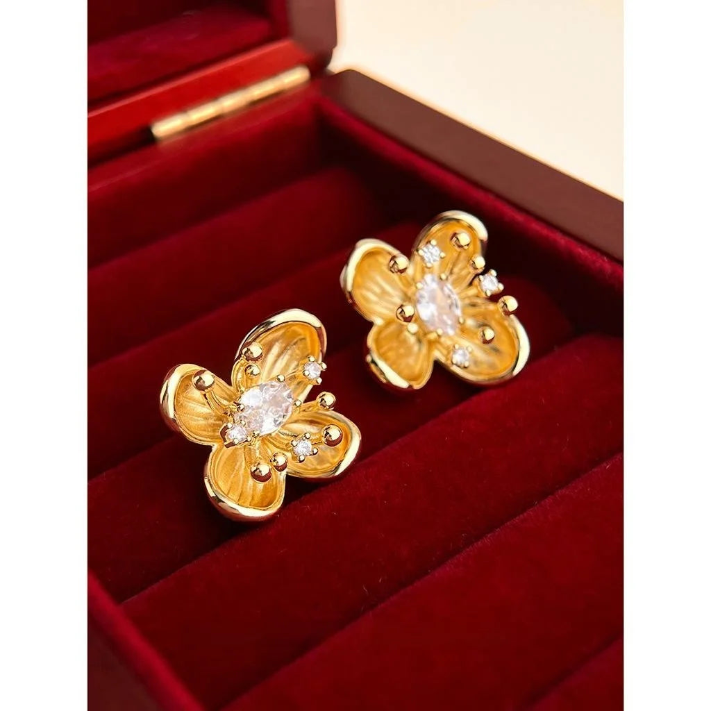 Vintage Ethnic Plum Blossom Zircon Stud Earrings With 14K Plated Copper
