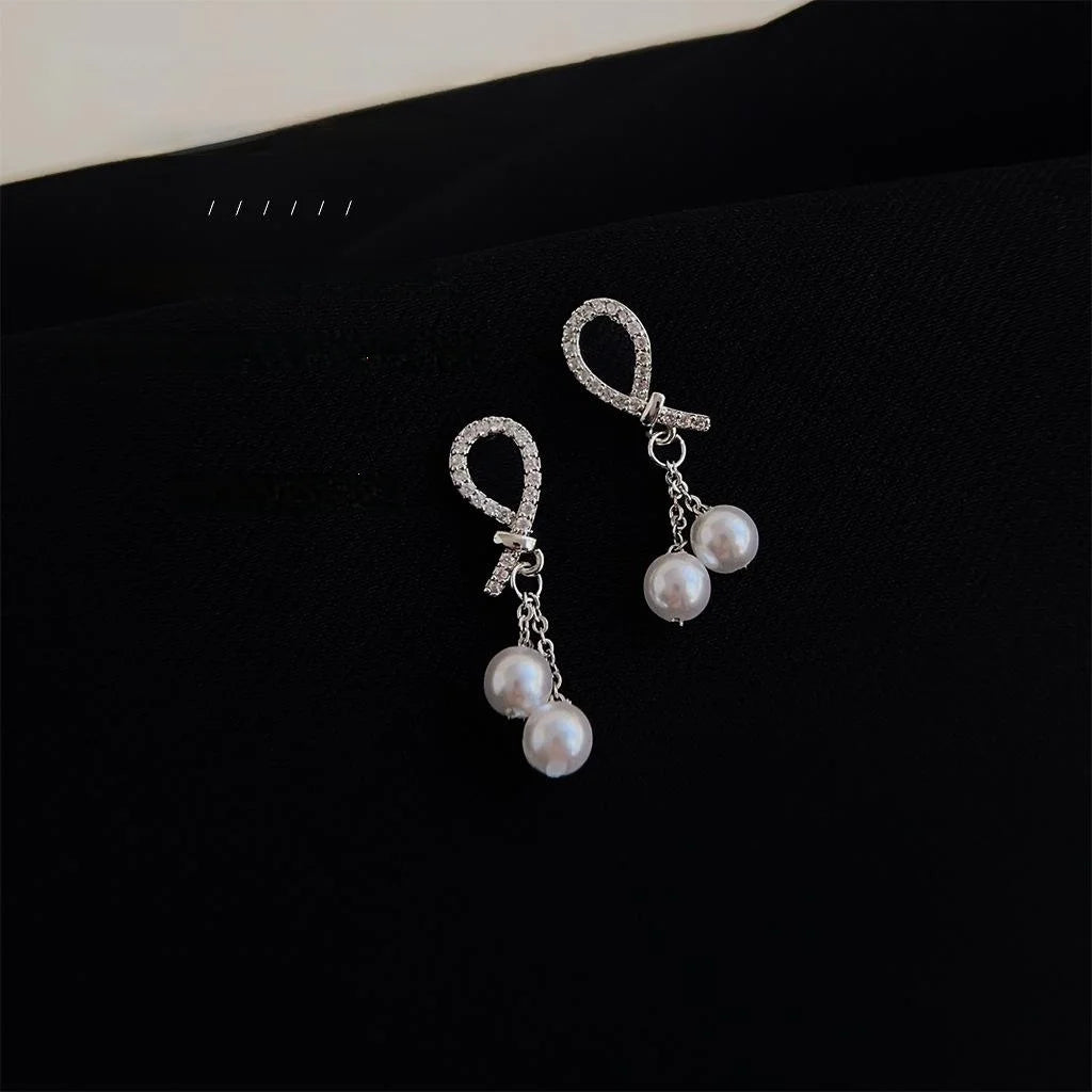 Light Luxury Copper High Luster Pearl Micro Pave Zircon Knot Tassel Drop Earrings