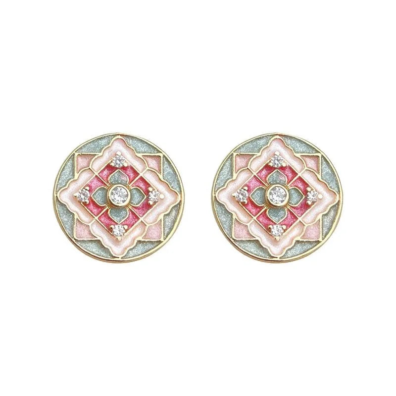 Vintage Ethnic Geometric Floral Enamel Copper Stud Earrings