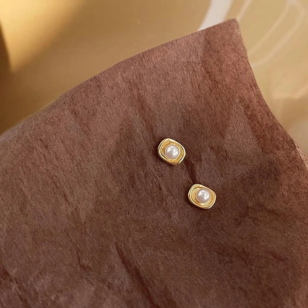 Mini 14K Gold Plated Copper Pearl Geometric Ingot Stud Earrings For Women Simple Commuter Jewelry