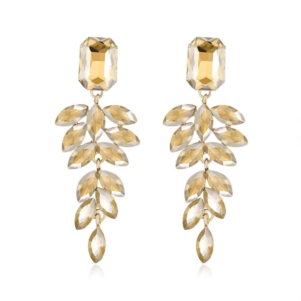 Elegant Champagne Crystal Leaf Tassel Drop Earrings, Luxury Rhinestone Dangle Jewelry For Wedding Party