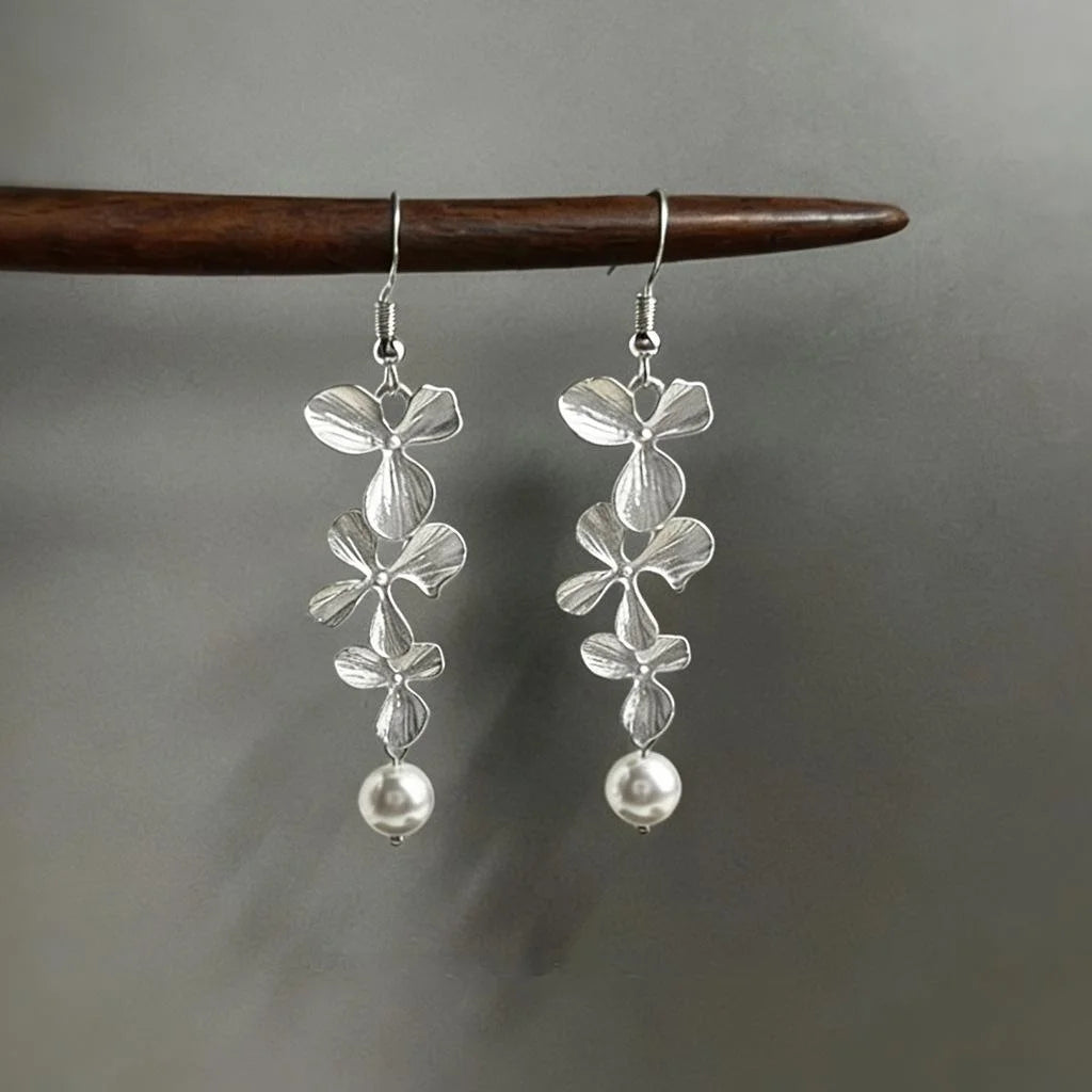 Vintage Silver Metal Flower Tassel Drop Earrings With Glass Pearl Petal Geometric Design