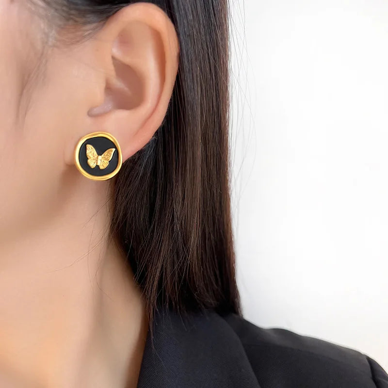Vintage Matte Gold Alloy Black Enamel Butterfly Round Stud & Clip On No Piercing French Style Earrings