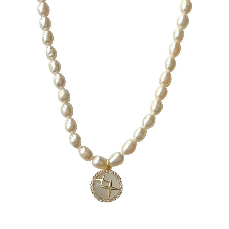14K Plated Freshwater Pearl Zircon Geometric Round Adjustable Clavicle Necklace