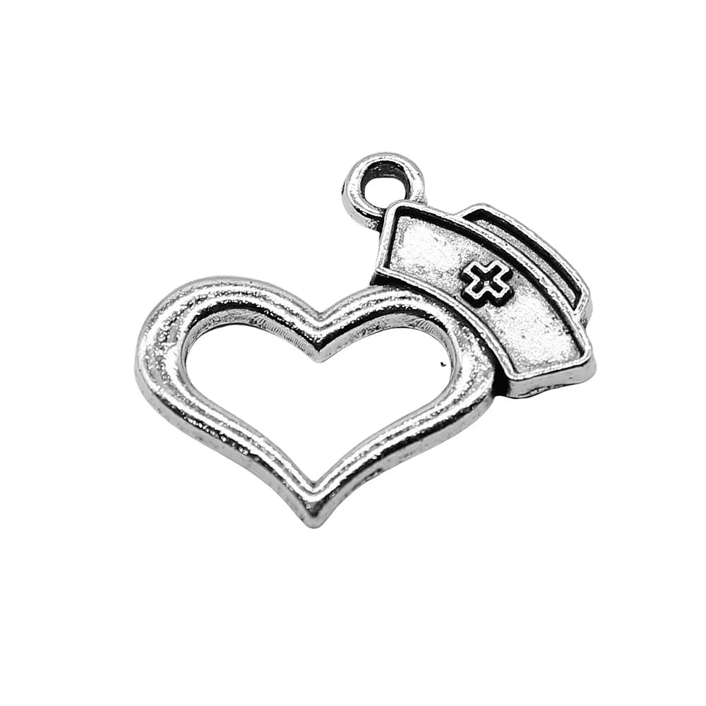 21x23mm 1.5g Antique Silver Zinc Alloy Heart Nurse Cap Charm Pendant for Medical Theme Jewelry Making
