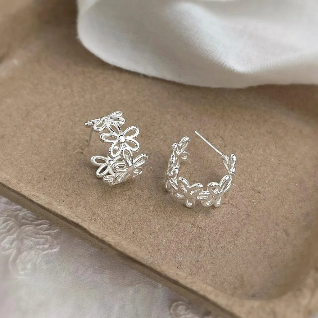 Thick Silver Plated Copper Lace Hollow Flower Petal Fairy Style Drop Earrings