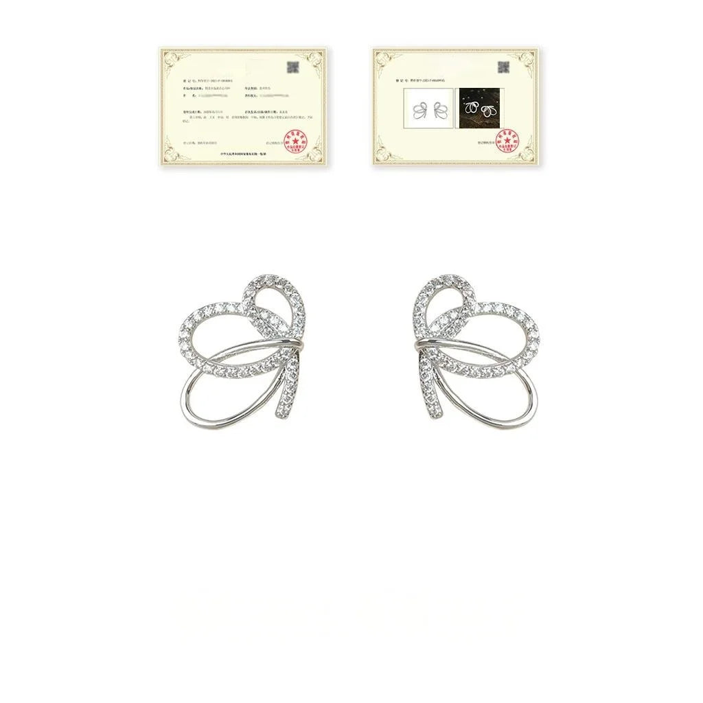 Original Designer Sweet Bowknot Hollow Zircon Copper Stud Earrings With Silver Plated Pins