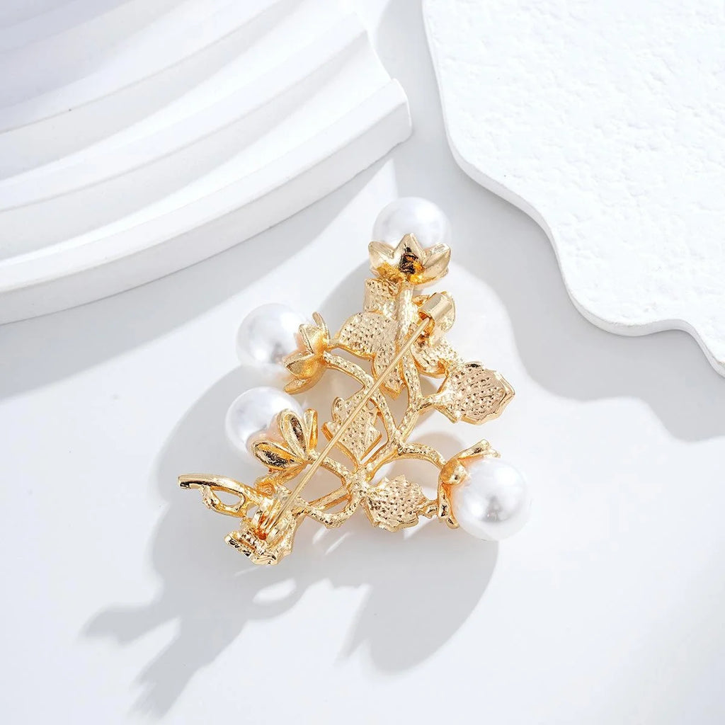 Luxury Plum Blossom Pearl Rhinestone Brooch, Gold Tone Floral Branch Lapel Pin Corsage For Coat Gift
