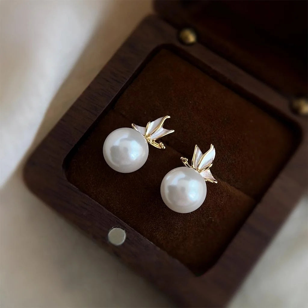 Copper Glass Pearl Butterfly Stud Earrings Forest Fairy Sweet Elegant Jewelry For Women