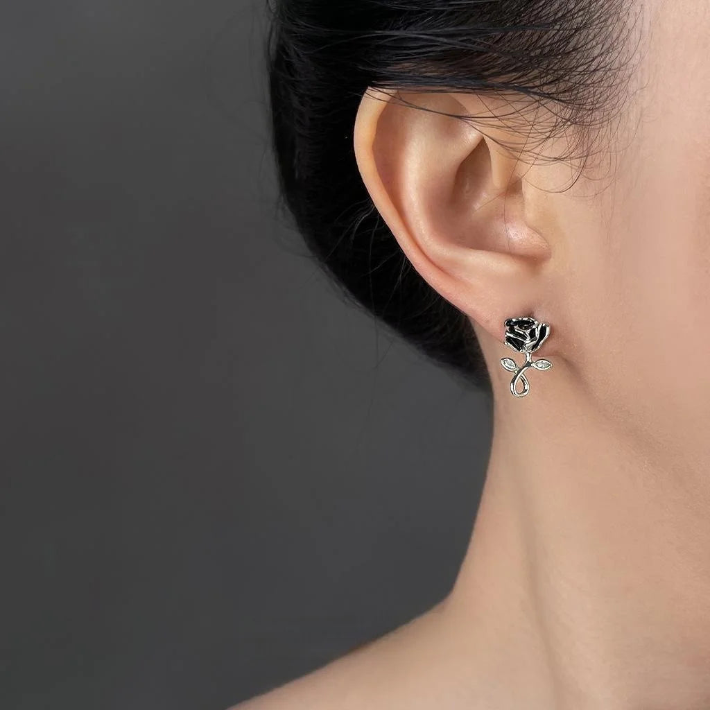 Black Rose Hand Painted Copper Zircon Micro Pave Mini Flower Stud Earrings Luxury Style