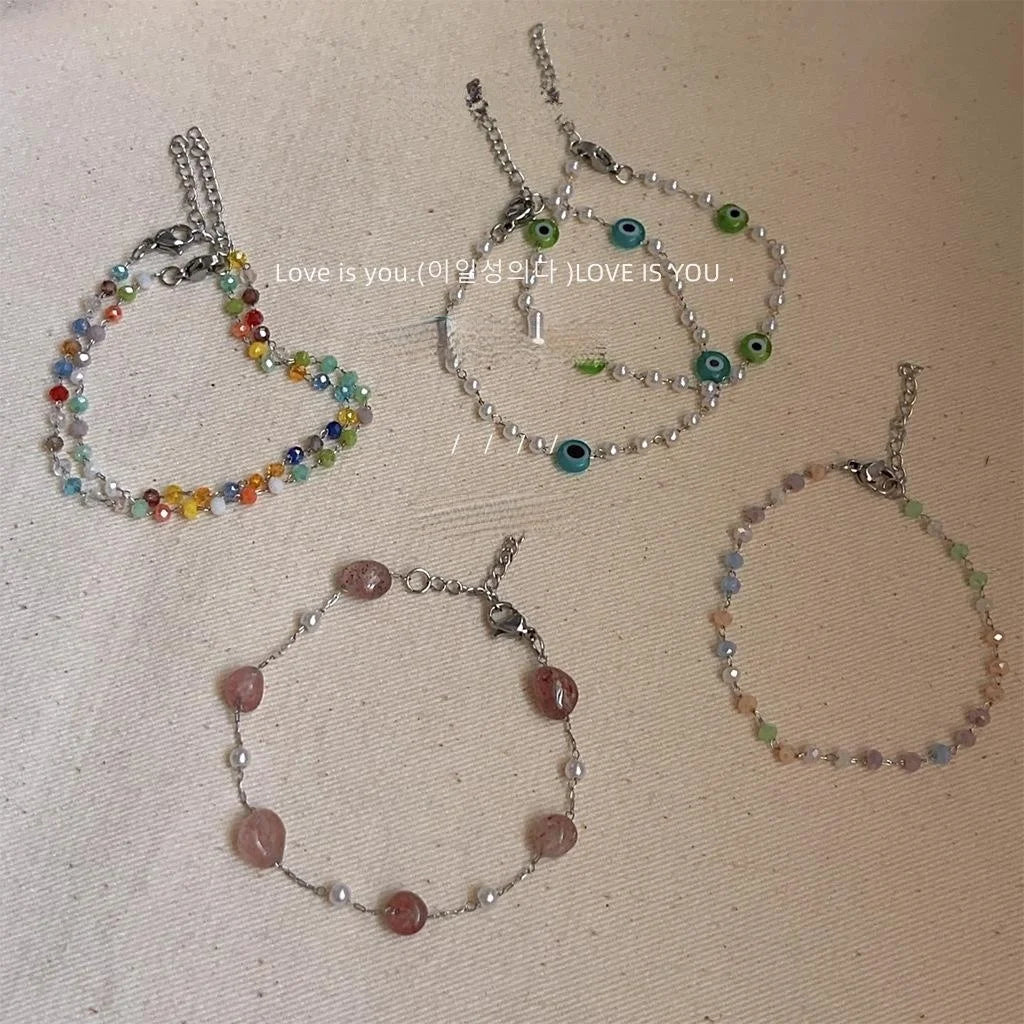 Japanese Korean Style Rainbow Glass Crystal Beaded Steel Tassel Bracelet For Women