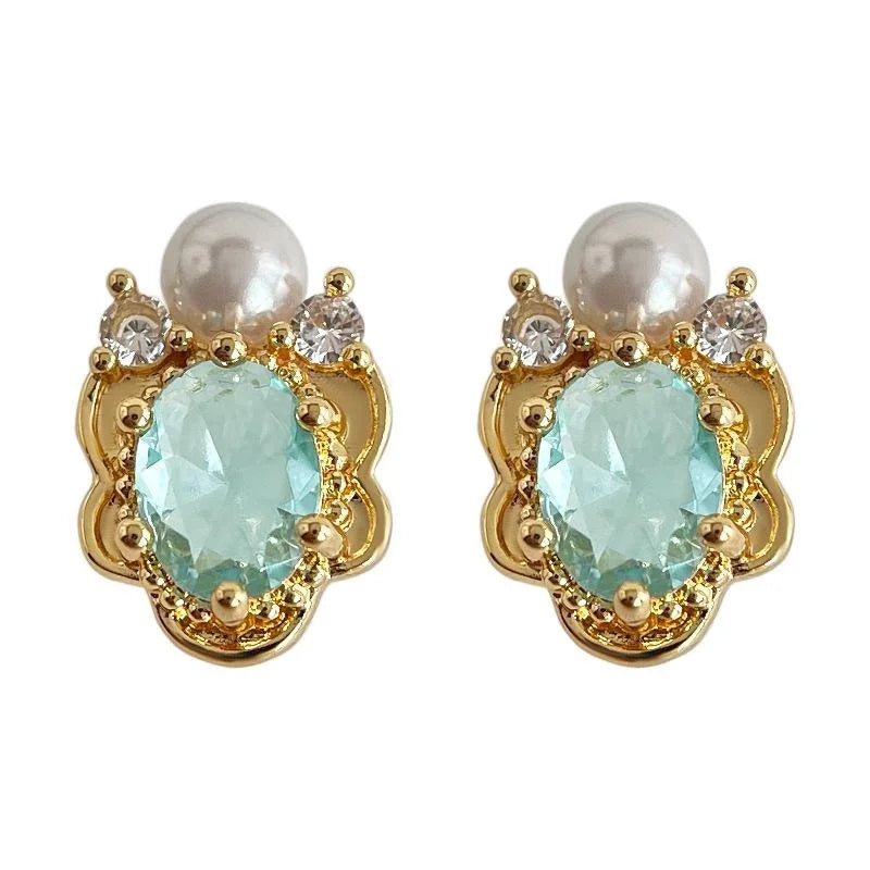 14K Gold Plated Copper Aquamarine Pearl Zircon Irregular French Vintage Stud Earrings