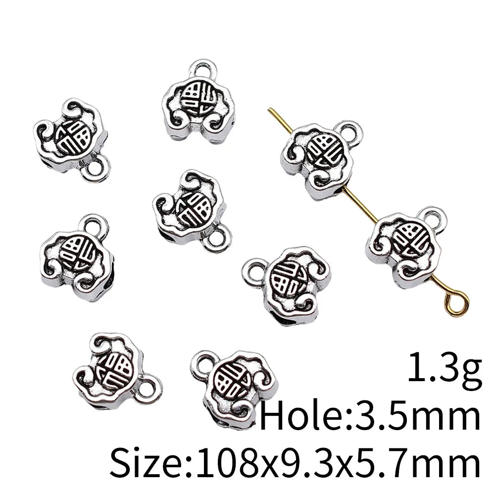 10.8x9.3x5.7mm 1.3g Antique Silver Zinc Alloy Double Sided Fu Character Lock Three Hole Connector Bead for DIY Jewelry