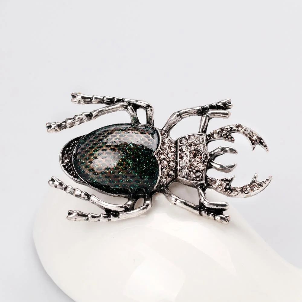 Vintage Rhinestone Beetle Brooch With Alloy Legs And Enamel Shell, Elegant Insect Lapel Pin Suit Accessory Gift