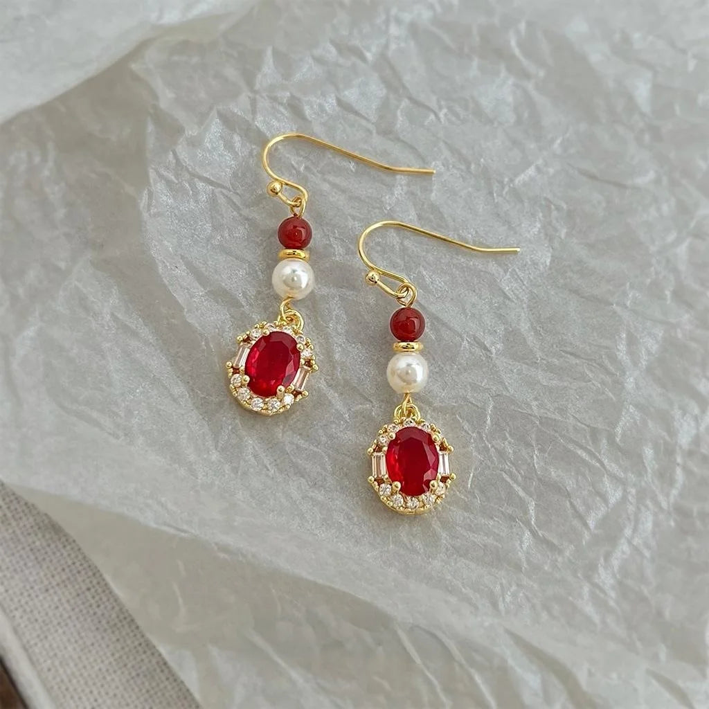 Vintage Copper Red Agate Pearl Zircon Geometric Round Tassel Drop Earrings For Women