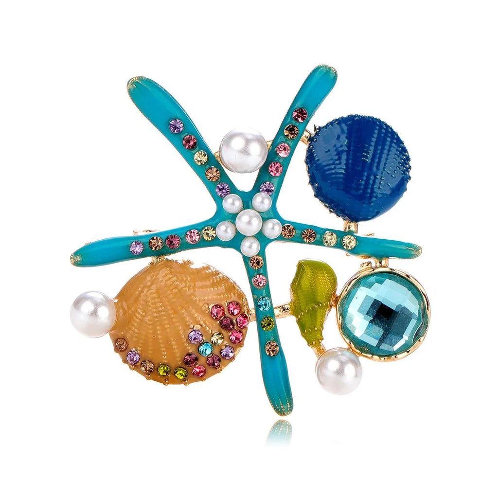 Elegant Enamel Starfish And Seashell Brooch With Rhinestones And Faux Pearls, Ocean Lapel Pin Gift