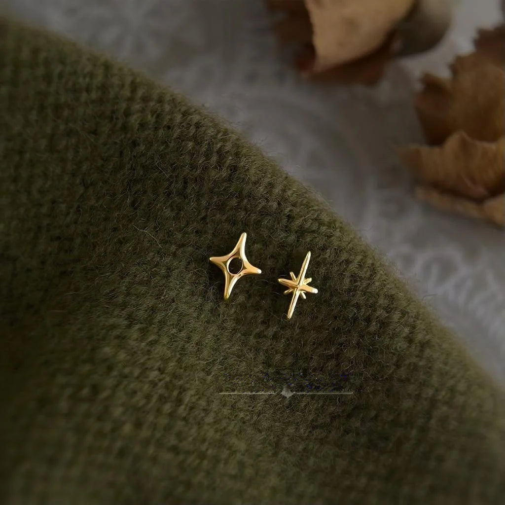 Minimalist Modern Eco-Friendly Copper Mini Eight-Point Star Asymmetric Stud Earrings With Silver Plated Posts
