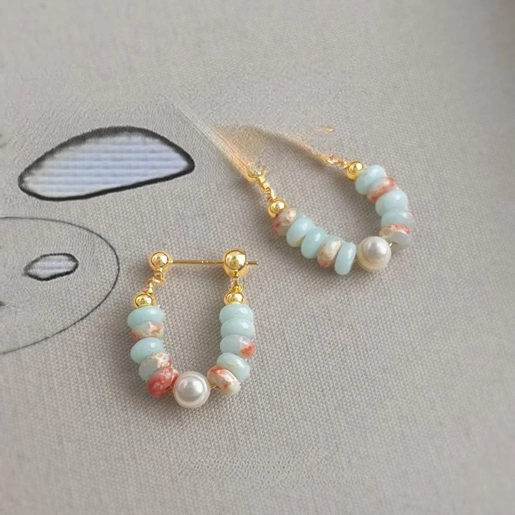 Premium New Chinese Style Synthetic Shoushan Stone Beaded Freshwater Pearl Copper Drop Earrings