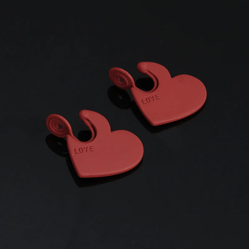 Matte Red Enamel Love Heart Drop Stud & Clip On No Piercing Spiral Disc Dangle Earrings