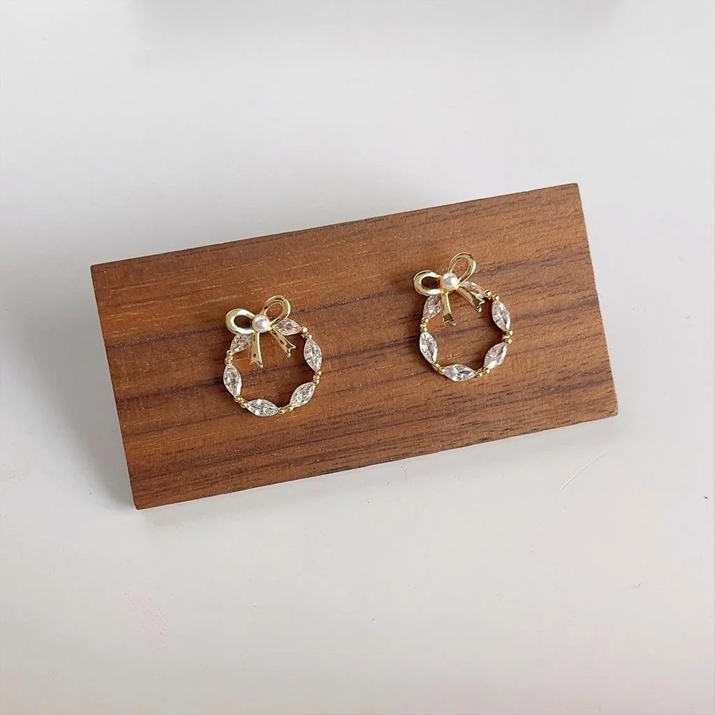 Sweet Bow Wreath Micro Pave Zircon Copper Stud Earrings, Hollow Geometric Round Mini Jewelry
