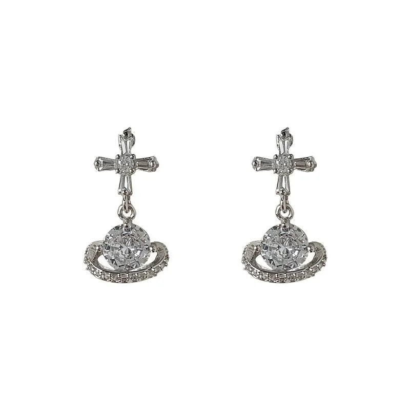 Micro Pave Zircon Planet Stud Earrings Silver Plated Copper Geometric Sweet Cool Jewelry