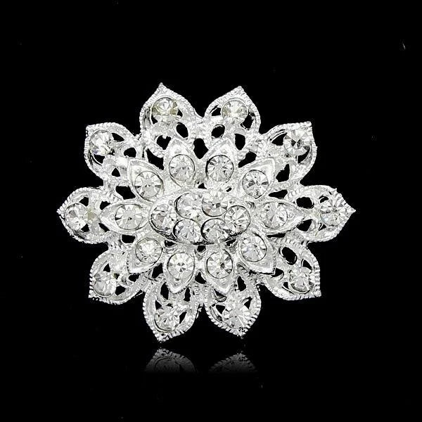 Elegant Silver Plated Rhinestone Flower Brooch, Korean Style Small Lapel Pin Corsage Suit Accessory Gift