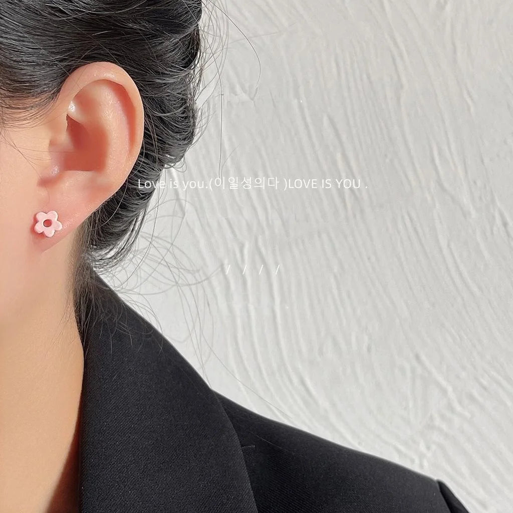 Korean Japanese Style Alloy Pink Enamel Hollow Flower Mini Stud Earrings