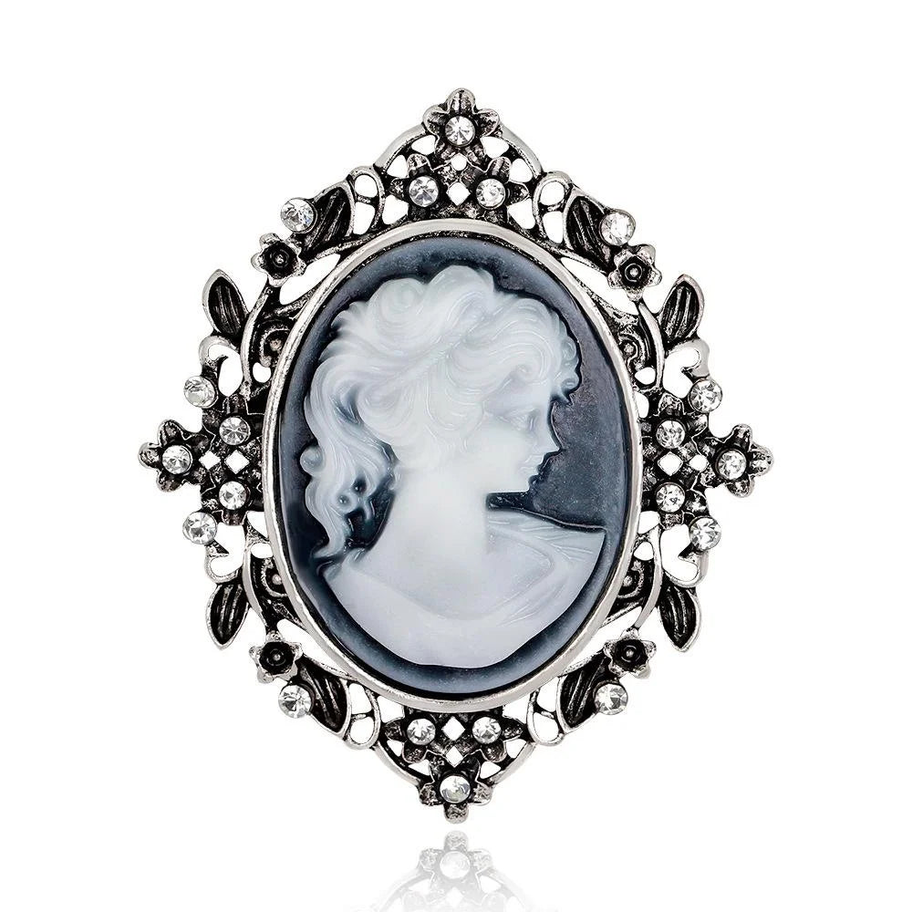 Vintage Queen Cameo Portrait Brooch With Enamel Flowers And Rhinestones, Elegant Lapel Pin Suit Gift