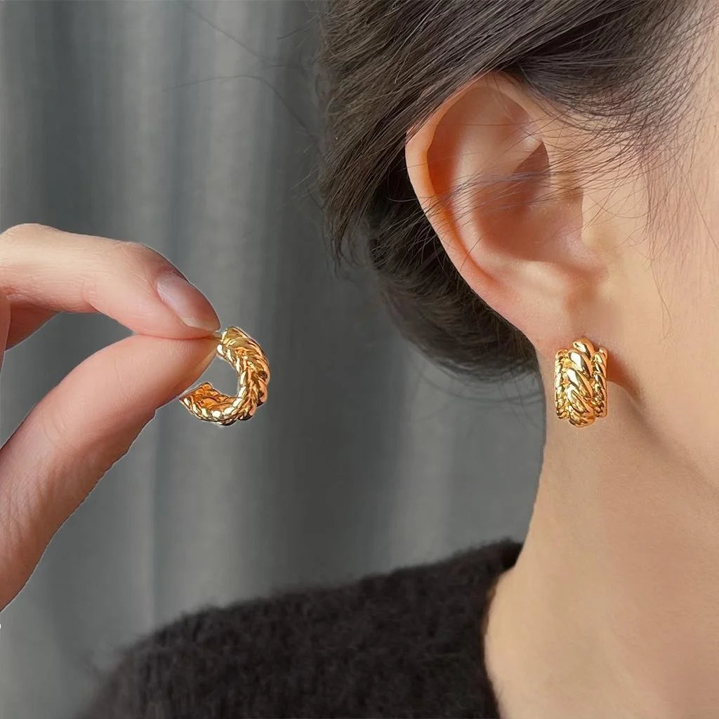 14K Gold Plated Copper Twisted C Shape Geometric Hoop Earrings
