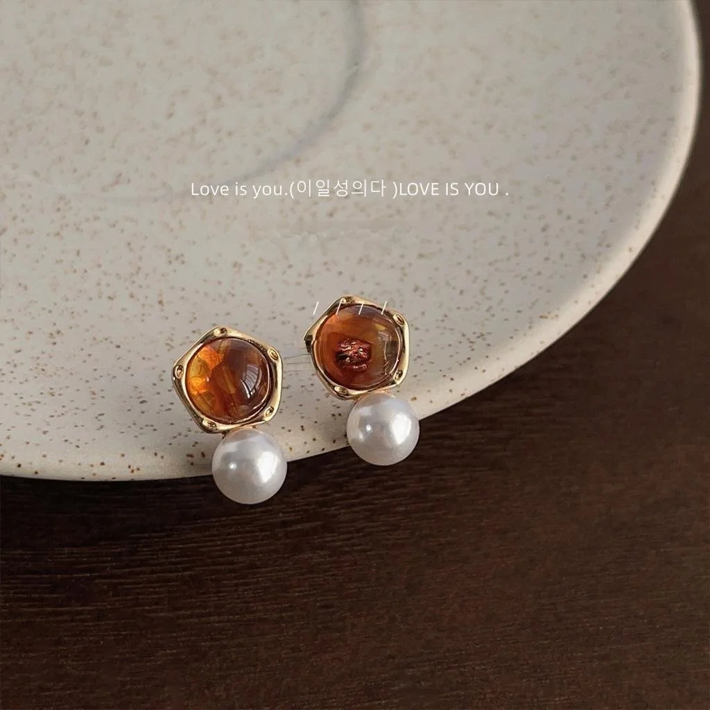 Maillard Amber Copper Pearl Drop Earrings Irregular Geometric French Elegant Commuter Jewelry